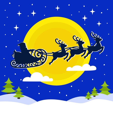 Christmas card with santa claus in yellow Blue night sky with stars and snowflakes.のイラスト素材