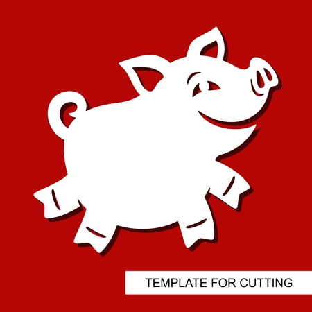 Cute smiling cartoon pig. Zoo theme. Vector illustration. Funny animal character. Template for laser cutting, wood carving, paper cutting and printing.のイラスト素材