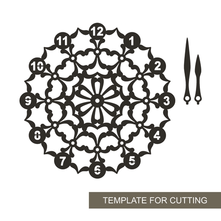 Openwork dial with arrows. Silhouette of clock on white background. Decor for home. Template for laser cutting, wood carving, paper cutting and printing. Vector illustration.のイラスト素材