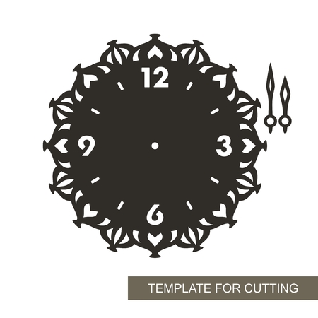 Openwork dial with arrows. Silhouette of clock on white background. Decor for home. Template for laser cutting, wood carving, paper cutting and printing. Vector illustration.のイラスト素材