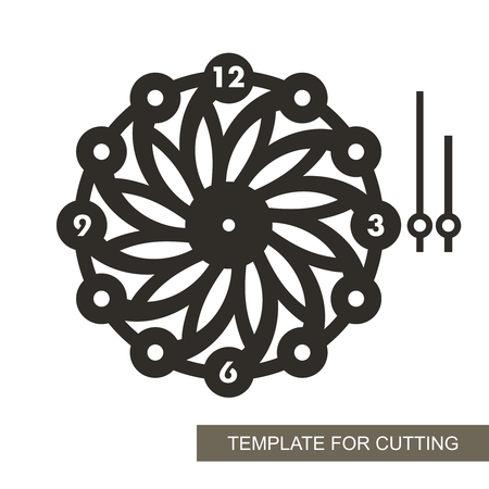Openwork dial with arrows. Silhouette of clock on white background. Decor for home. Template for laser cutting, wood carving, paper cutting and printing. Vector illustration.のイラスト素材