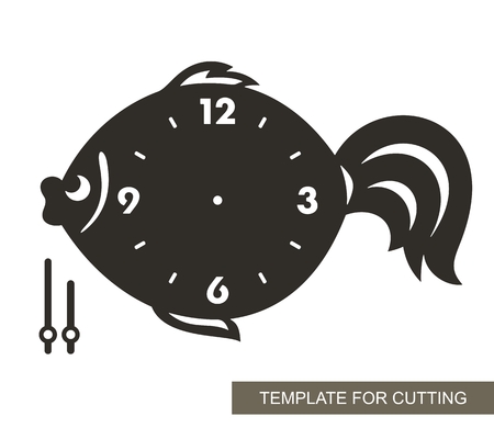 Dial with arrows and arabic numerals. Fish shape. Silhouette of clock on white background. Decor for home or kids room. Template for laser cutting, wood carving, paper cutting and printing. Vector.のイラスト素材