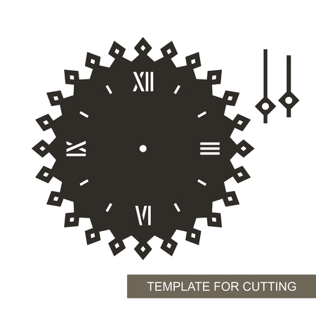 Dial with arrows and roman numerals. Silhouette of clock on white background. Decor for home. Template for laser cutting, wood carving, paper cutting and printing. Vector illustration.のイラスト素材