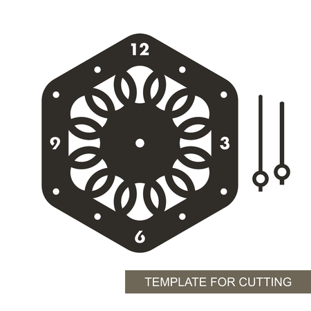 Dial with arrows and arabic numerals. Silhouette of clock on white background. Decor for home. Template for laser cutting, wood carving, paper cutting and printing. Vector illustration.のイラスト素材