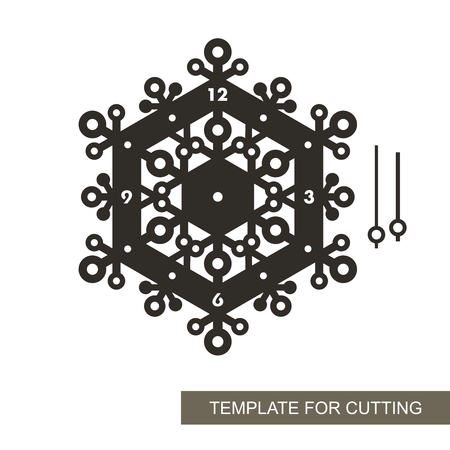 Dial with arrows and arabic numerals. Silhouette of clock on white background. Decor for home. Template for laser cutting, wood carving, paper cutting and printing. Snowflake shape.のイラスト素材