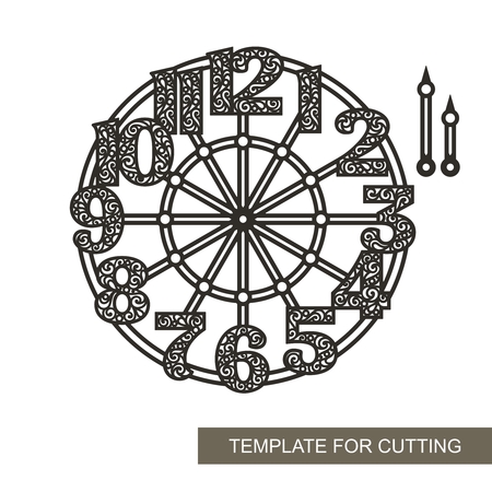 Openwork dial with roman numerals. Silhouette of clock on white background. Decor for home. Template for laser cutting, wood carving, paper cutting and printing. Vector illustration.のイラスト素材