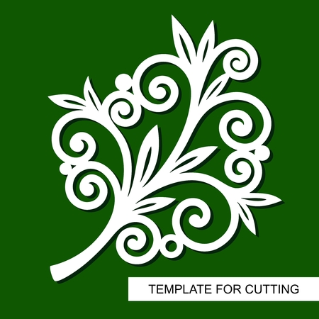 Twig with curls and leaves. Theme of plants. Template for laser cut, wood carving, paper cutting and printing. Vector illustration.のイラスト素材
