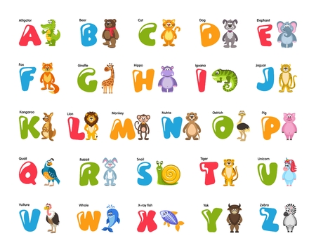 Zoo alphabet for kids with funny animals, birds, fish. Colorful elephant, lion, zebra, iguana, giraffe, hippopotamus, tiger, monkey, kangaroo, snail, rabbit, pig, cat, dog, ostrich, bear and others.のイラスト素材