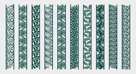 Border with flowers, leaves, branches. Floral pattern. Template for laser cut, wood carving, paper cutting and printing. Vector illustration.のイラスト素材