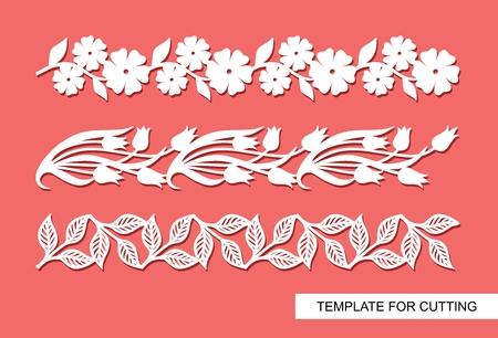 Border with flowers, leaves and branches. Floral frame. Template for laser cut, wood carving, paper cutting and printing. Vector illustration.のイラスト素材