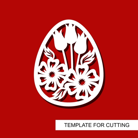 Decorative element - Easter Egg with floral ornament. White object on red background. Template for cutting, cutting and printing. Vector illustration.のイラスト素材