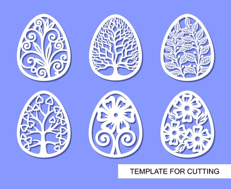 Set of decorative elements - Easter Eggs with floral ornament. White objects on blue background. Template for laser cutting, wood carving, paper cutting and printing. Vector illustration.のイラスト素材