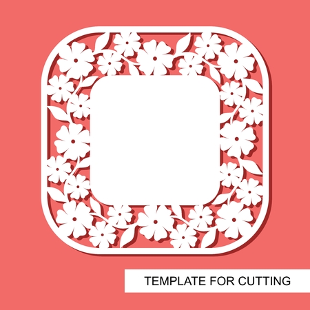 Openwork flower frame with daisies and leaves. Elegant floral ornament. Copy space for text. Template for laser cutting, wood carving, paper cut or printing.のイラスト素材