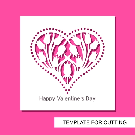 Greeting card with heart and flowers - tulips. Decor for Valentine's Day, Mothers Day or wedding. White object on a pink background. Template for laser cutting, wood carving, paper cut or printing.のイラスト素材