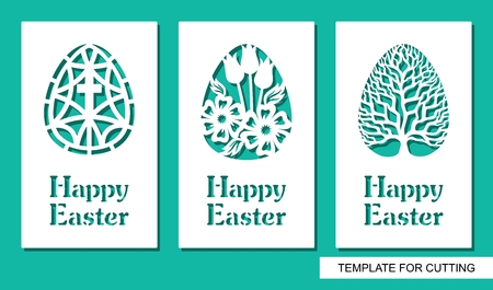 Happy Easter. Floral pattern and plant theme. White object on a green background. Template for laser cutting, wood carving, paper cut or printing.のイラスト素材