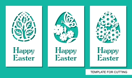 Happy Easter. Floral pattern and plant theme. White object on a green background. Template for laser cutting, wood carving, paper cut or printing.のイラスト素材
