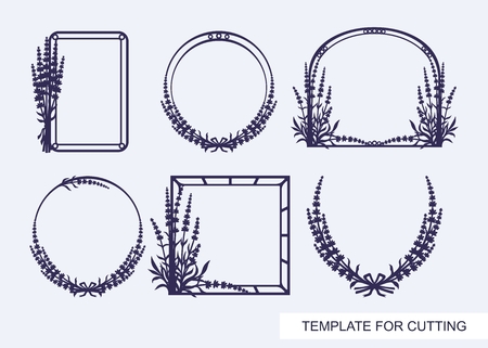 Set of beautiful photo frames with sprigs of lavender. Decorative elements for greeting cards and invitations. Template for laser cutting, wood carving, paper cut or printing. Plant theme. Vector.のイラスト素材