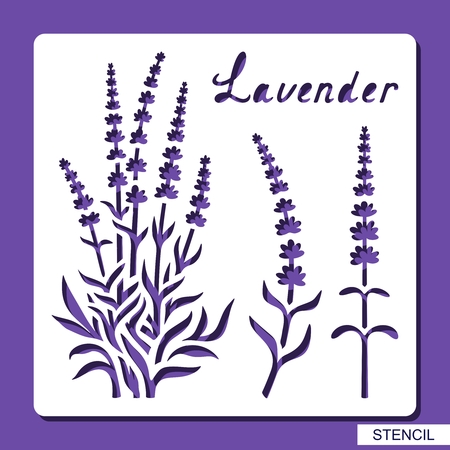 Stencil with a flowers, leaves and sprigs of lavender. White objects on a purple background. Template for laser cutting, wood carving, paper cut or printing. Plant theme. Vector illustration.のイラスト素材