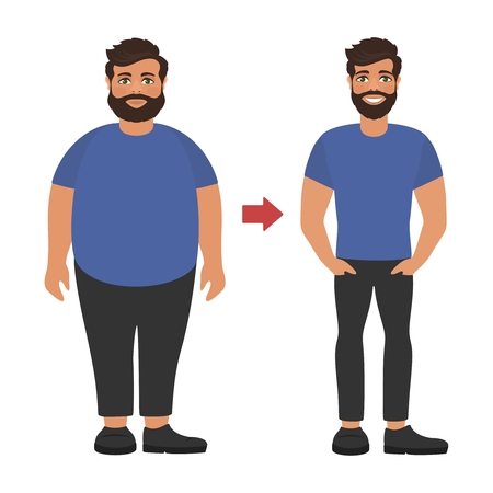 Sad fat and happy healthy slim man. Weight loss concept. View before and after diet and sport. Cartoon characters on white background. Flat design. Vector illustration.