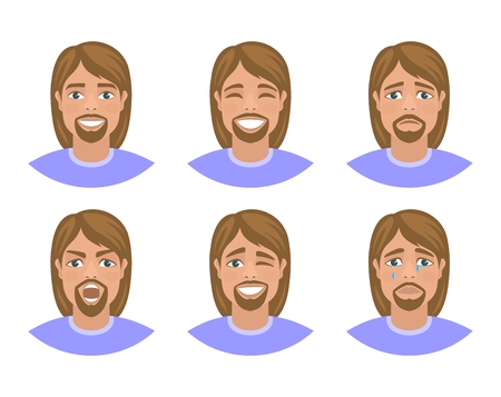 Set of mens avatars expressing various emotions: joy, sadness, laughter, tears, anger, disgust, cry. Long haired blond guy with blue eyes. Cartoon character isolated on a white background. Vector.のイラスト素材