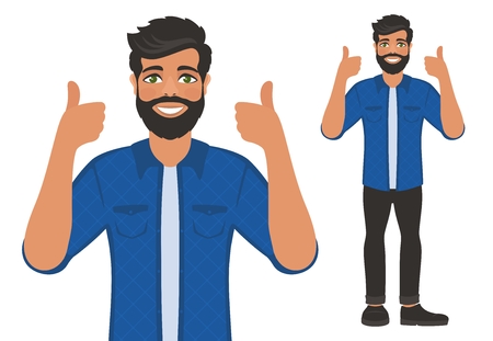 Happy smiling man shows thumbs up. Gesture, symbol or sign Like, cool, agree, approve. Bearded dark-haired guy with green eyes in a shirt. Cartoon positive character on white background. Vector image.のイラスト素材