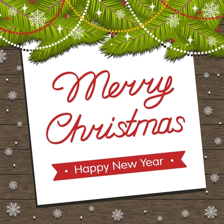 Black brown wooden background. Red text: Merry Christmas, Happy New Year. Decorative greeting card or invitation. Flat design. Vector image.のイラスト素材