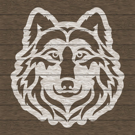 Wolf's head on dark brown wooden background. Wild dog painted with white paint. Vector illustration.のイラスト素材