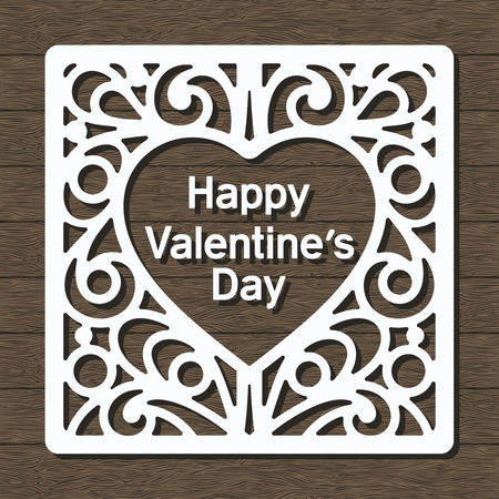 White decorative frame Lace pattern cut from paper. Stylish card with heart and text for 14th of February. Vector illustration.のイラスト素材