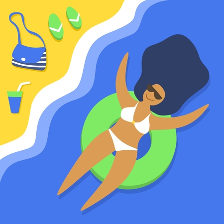 Long-haired girl swims in an inflatable ring. Sandy beach. Hot and sunny. Young happy woman relaxes and sunbathes. Summer vacation. Cartoon character. Flat style. Vector illustration.のイラスト素材