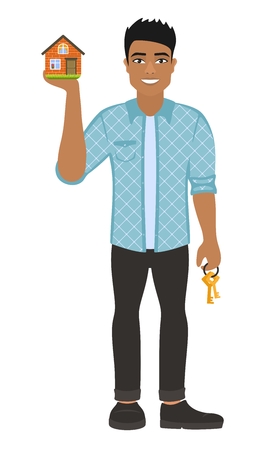 Real estate broker agent with keys. House building, mortgage, property home, Cartoon character on white background. Flat style. Vector illustration.のイラスト素材