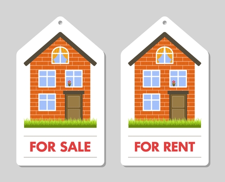 Real estate tag. For sale and for rent. Orange brick house on the grass. A brown door curtains and a red flower. Vector clip art.のイラスト素材