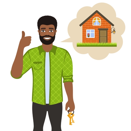 Real estate broker agent with keys. House building, mortgage, property home, Cartoon character on white background. Flat style. Vector illustration.のイラスト素材