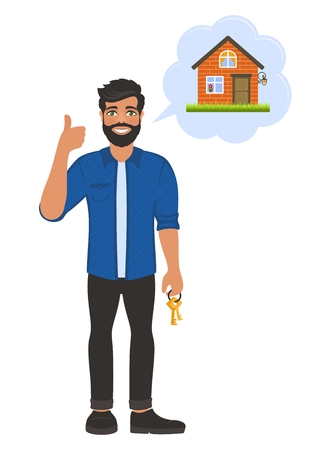 Real estate broker agent with keys. House building, mortgage, property home, Cartoon character on white background. Flat style. Vector illustration.のイラスト素材
