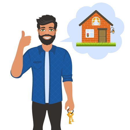 Real estate broker agent with keys. House building, mortgage, property home, Cartoon character on white background. Flat style. Vector illustration.のイラスト素材