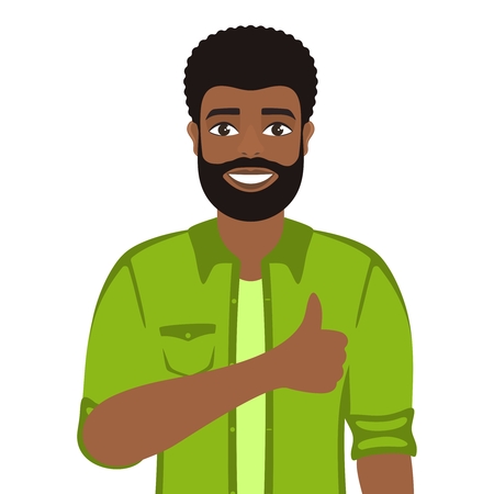 Happy smiling man shows thumbs up. Gesture, symbol or sign Like, cool, agree, approve. Brown-haired guy with brown eyes Cartoon positive character on white background. Vector image.のイラスト素材