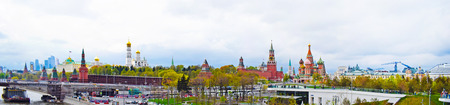 Moscow, Russia - May 2, 2019. Beautiful view of the whole city center: the Kremlin, St. Basil's Cathedral, Red Square, a skyscraper, a river. Copy space.のeditorial素材