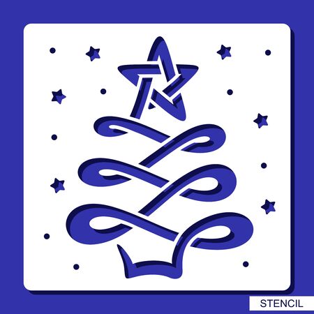 New years decoration - stencil with Christmas tree and stars. Template for laser cutting, wood carving, paper cut and printing. Vector illustration.のイラスト素材