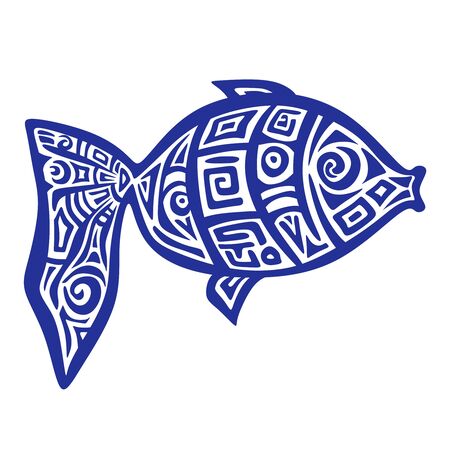 Stylized drawing of a fish with an ornament. Blue object isolated on white background. Logo, print, symbol or tattoo. Ethno style.Vector illustration.のイラスト素材