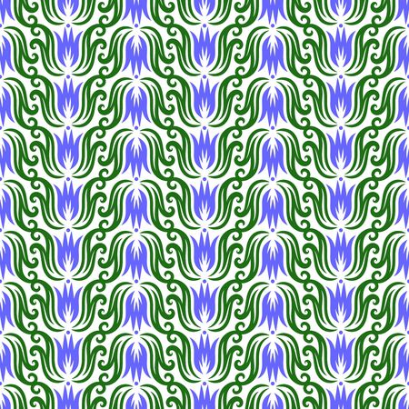 Seamless pattern with even rows of tulip flowers and leaves. Summer floral ornament on a white background. Repeating texture for wallpaper design, textile, wrapping paper. Vector illustration.のイラスト素材