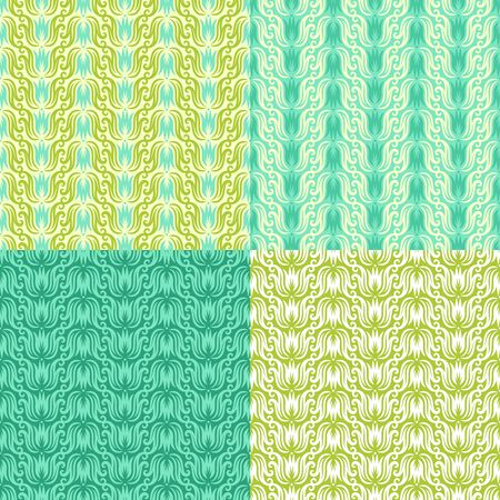 Set of seamless patterns with rows of flowers and leaves. Summer or spring floral ornament with tulips. Repeating texture for wallpaper design, textile, wrapping paper. Vector illustration.のイラスト素材