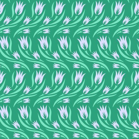 Seamless pattern with rows of flowers (tulips) and leaves. Summer and spring theme. Floral ornament on a green background. Repeating texture for wallpaper design, textile, wrapping paper. Vector imageのイラスト素材