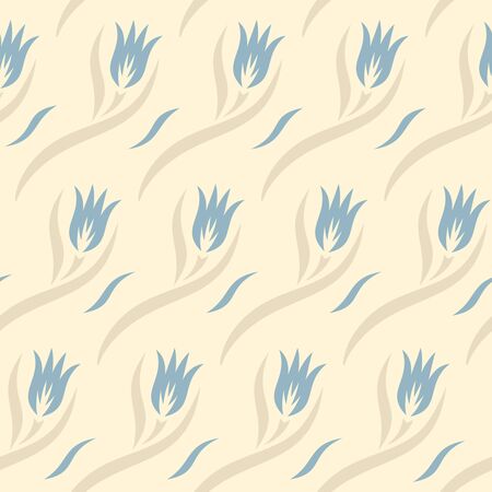 Seamless pattern with blue flowers (tulips), leaves and waves. Floral ornament on light beige background. Repeating texture for wallpaper design, textile, wrapping paper. Vector illustration.のイラスト素材