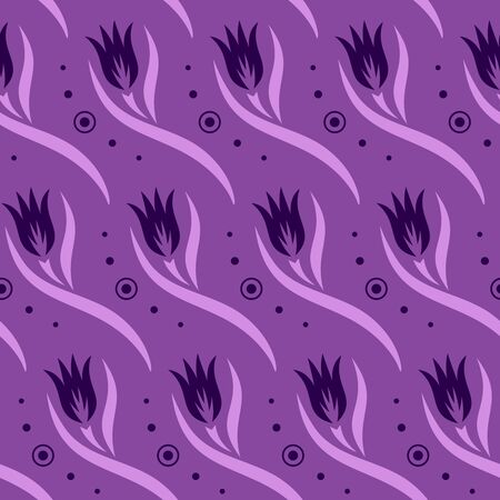 Seamless pattern with flowers (tulips), leaves and waves. Floral ornament on violet background. Repeating texture for wallpaper design, textile, wrapping paper. Vector illustration.のイラスト素材