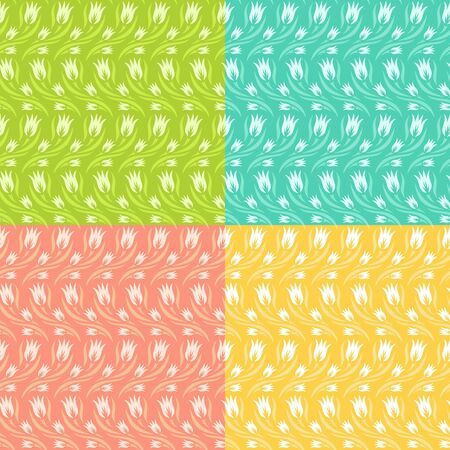 Set of seamless patterns with rows of flowers (tulip buds) and leaves. Summer and spring theme. Floral ornament. Repeating texture for wallpaper design, textile, wrapping paper. Vector illustration.のイラスト素材