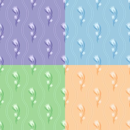 Set of seamless patterns with tulip flowers. Floral ornament on purple, blue, orange, green background. Summer and spring theme. Repeating texture for wallpaper design, textile, wrapping paper. Vectorのイラスト素材