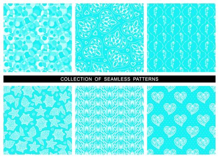 Set of seamless patterns of bright neon turquoise color. Blue azure flowers, tulips, geometric circles, openwork hearts, turtles, fish, starfish. Repeating texture for wallpaper design, website, printのイラスト素材