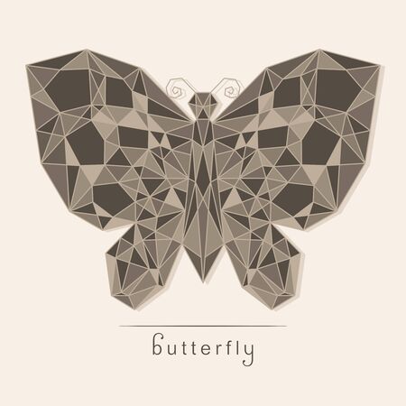 Abstract polygonal butterfly with a geometric pattern on the wings. Painting in brown and gray colors on a beige background. Modern trendy design. Stylish logo, icon, badge, print. Vector illustrationのイラスト素材