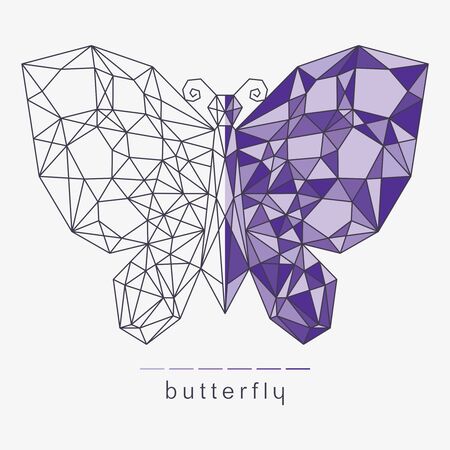 Butterfly with a geometric polygonal pattern. Wireframe vector illustration divided into two halves - frame and colored purple. Modern trendy line design. Stylish logo, badge, decoration, print.のイラスト素材
