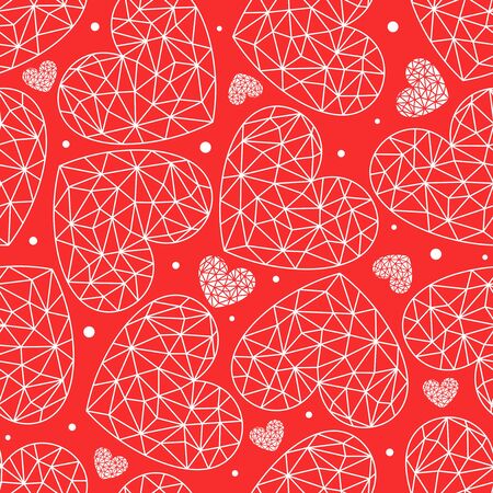 Seamless patterns with polygonal hearts (like crystal or diamond). Red decorative background for wedding card or valentines day. Repeating texture for wallpaper design, textile, wrapping paper. Vectorのイラスト素材
