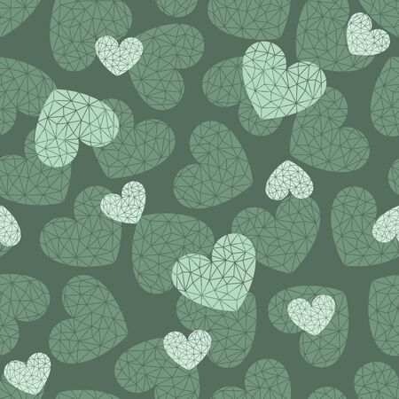Seamless pattern with polygonal hearts on a green background. Stylish decor for wedding card or valentines day. Repeating texture for wallpaper design, textile, wrapping paper. Vector illustration.のイラスト素材